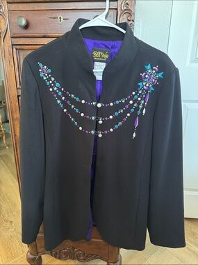 Bob Mackie Ladies Large Black Embellished Jacket with Purple Lining